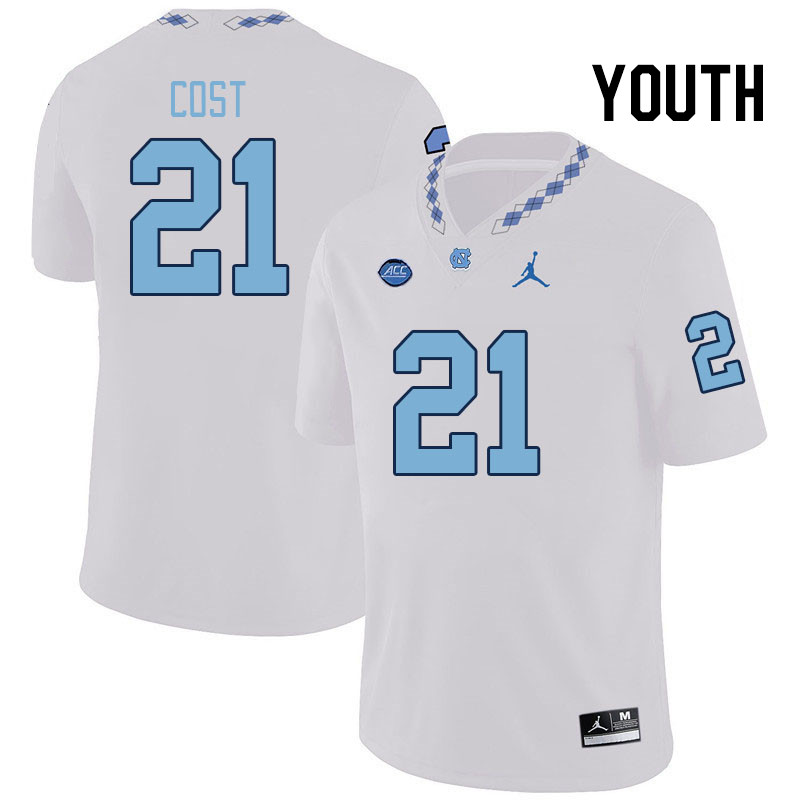 Youth #21 Kaleb Cost North Carolina Tar Heels College Football Jerseys Stitched Sale-White